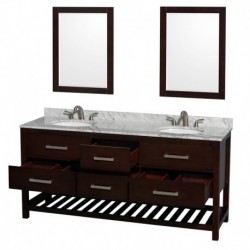 72 inch Double Bathroom Vanity in Espresso, White Carrera Marble Countertop, Undermount Oval sinks, and 24 inch Mirrors