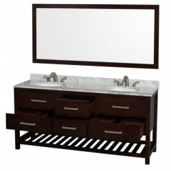 72 inch Double Bathroom Vanity in Espresso, White Carrera Marble Countertop, Undermount Oval sinks, and 70 inch Mirror