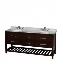 72 inch Double Bathroom Vanity in Espresso, White Carrera Marble Countertop, Undermount Oval sinks, and No Mirror