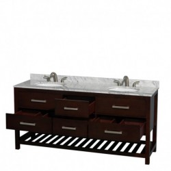 72 inch Double Bathroom Vanity in Espresso, White Carrera Marble Countertop, Undermount Oval sinks, and No Mirror