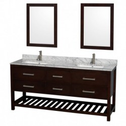 72 inch Double Bathroom Vanity in Espresso, White Carrera Marble Countertop, Undermount Square sinks, and 24 inch Mirrors