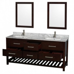 72 inch Double Bathroom Vanity in Espresso, White Carrera Marble Countertop, Undermount Square sinks, and 24 inch Mirrors