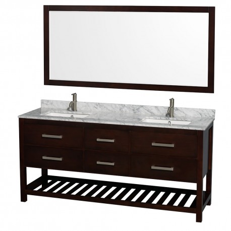 72 inch Double Bathroom Vanity in Espresso, White Carrera Marble Countertop, Undermount Square sinks, and 70 inch Mirror