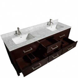 72 inch Double Bathroom Vanity in Espresso, White Carrera Marble Countertop, Undermount Square sinks, and 70 inch Mirror