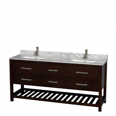 72 inch Double Bathroom Vanity in Espresso, White Carrera Marble Countertop, Undermount Square sinks, and No Mirror