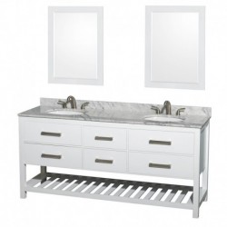 72 inch Double Bathroom Vanity in White, White Carrera Marble Countertop, Undermount Oval sinks, and 24 inch Mirrors