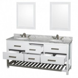 72 inch Double Bathroom Vanity in White, White Carrera Marble Countertop, Undermount Oval sinks, and 24 inch Mirrors