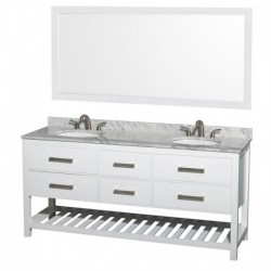 72 inch Double Bathroom Vanity in White, White Carrera Marble Countertop, Undermount Oval sinks, and 70 inch Mirror