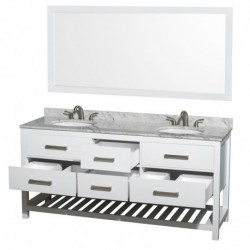 72 inch Double Bathroom Vanity in White, White Carrera Marble Countertop, Undermount Oval sinks, and 70 inch Mirror