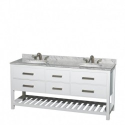 72 inch Double Bathroom Vanity in White, White Carrera Marble Countertop, Undermount Oval sinks, and No Mirror