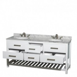 72 inch Double Bathroom Vanity in White, White Carrera Marble Countertop, Undermount Oval sinks, and No Mirror