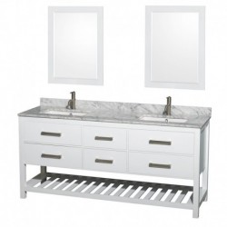 72 inch Double Bathroom Vanity in White, White Carrera Marble Countertop, Undermount Square sinks, and 24 inch Mirrors