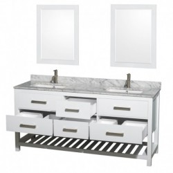 72 inch Double Bathroom Vanity in White, White Carrera Marble Countertop, Undermount Square sinks, and 24 inch Mirrors