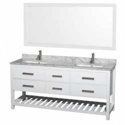 72 inch Double Bathroom Vanity in White, White Carrera Marble Countertop, Undermount Square sinks, and 70 inch Mirror