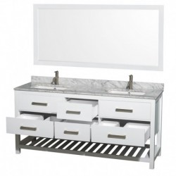 72 inch Double Bathroom Vanity in White, White Carrera Marble Countertop, Undermount Square sinks, and 70 inch Mirror