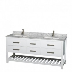 72 inch Double Bathroom Vanity in White, White Carrera Marble Countertop, Undermount Square sinks, and No Mirror
