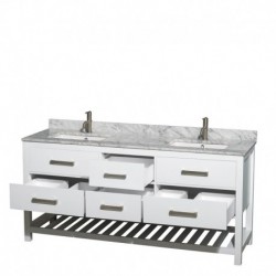 72 inch Double Bathroom Vanity in White, White Carrera Marble Countertop, Undermount Square sinks, and No Mirror