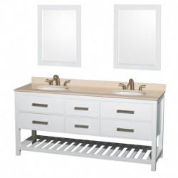 72 inch Double Bathroom Vanity in White, Ivory Marble Countertop, Undermount Oval sinks, and 24 inch Mirrors