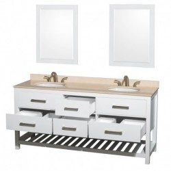 72 inch Double Bathroom Vanity in White, Ivory Marble Countertop, Undermount Oval sinks, and 24 inch Mirrors
