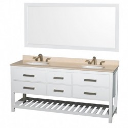 72 inch Double Bathroom Vanity in White, Ivory Marble Countertop, Undermount Oval sinks, and 70 inch Mirror