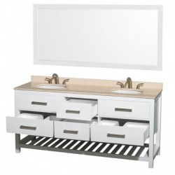 72 inch Double Bathroom Vanity in White, Ivory Marble Countertop, Undermount Oval sinks, and 70 inch Mirror