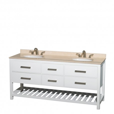 72 inch Double Bathroom Vanity in White, Ivory Marble Countertop, Undermount Oval sinks, and No Mirror