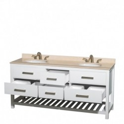 72 inch Double Bathroom Vanity in White, Ivory Marble Countertop, Undermount Oval sinks, and No Mirror