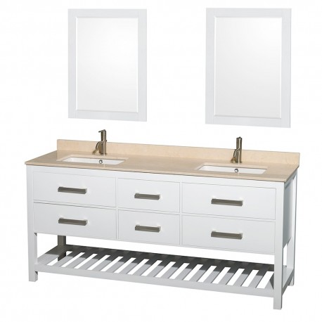72 inch Double Bathroom Vanity in White, Ivory Marble Countertop, Undermount Square sinks, and 24 inch Mirrors