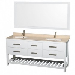 72 inch Double Bathroom Vanity in White, Ivory Marble Countertop, Undermount Square sinks, and 70 inch Mirror