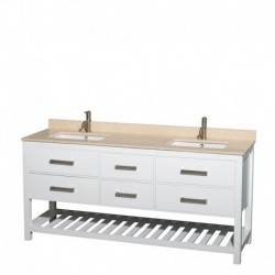 72 inch Double Bathroom Vanity in White, Ivory Marble Countertop, Undermount Square sinks, and No Mirror