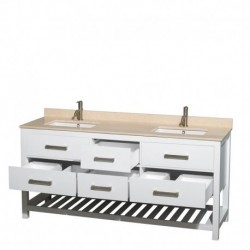 72 inch Double Bathroom Vanity in White, Ivory Marble Countertop, Undermount Square sinks, and No Mirror
