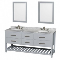 72 inch Double Bathroom Vanity in Gray, White Carrera Marble Countertop, Undermount Oval sinks, and 24 inch Mirrors