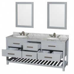 72 inch Double Bathroom Vanity in Gray, White Carrera Marble Countertop, Undermount Oval sinks, and 24 inch Mirrors
