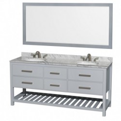 72 inch Double Bathroom Vanity in Gray, White Carrera Marble Countertop, Undermount Oval sinks, and 70 inch Mirror