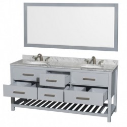 72 inch Double Bathroom Vanity in Gray, White Carrera Marble Countertop, Undermount Oval sinks, and 70 inch Mirror