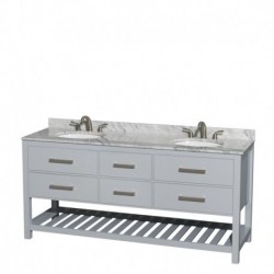 72 inch Double Bathroom Vanity in Gray, White Carrera Marble Countertop, Undermount Oval sinks, and No Mirror