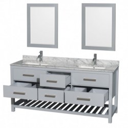 72 inch Double Bathroom Vanity in Gray, White Carrera Marble Countertop, Undermount Square sinks, and 24 inch Mirrors