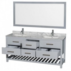 72 inch Double Bathroom Vanity in Gray, White Carrera Marble Countertop, Undermount Square sinks, and 70 inch Mirror