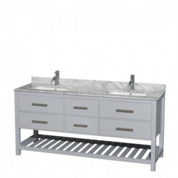 72 inch Double Bathroom Vanity in Gray, White Carrera Marble Countertop, Undermount Square sinks, and No Mirror
