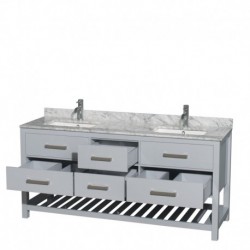 72 inch Double Bathroom Vanity in Gray, White Carrera Marble Countertop, Undermount Square sinks, and No Mirror