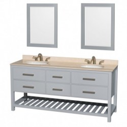 72 inch Double Bathroom Vanity in Gray, Ivory Marble Countertop, Undermount Oval sinks, and 24 inch Mirrors