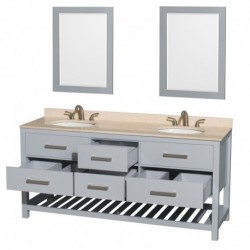 72 inch Double Bathroom Vanity in Gray, Ivory Marble Countertop, Undermount Oval sinks, and 24 inch Mirrors