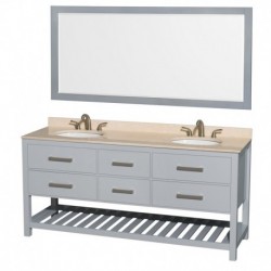 72 inch Double Bathroom Vanity in Gray, Ivory Marble Countertop, Undermount Oval sinks, and 70 inch Mirror