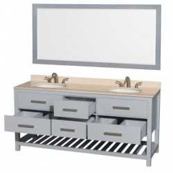 72 inch Double Bathroom Vanity in Gray, Ivory Marble Countertop, Undermount Oval sinks, and 70 inch Mirror