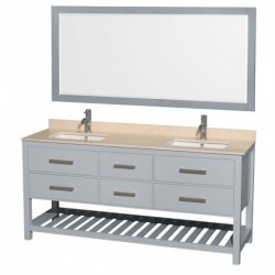72 inch Double Bathroom Vanity in Gray, Ivory Marble Countertop, Undermount Square sinks, and 70 inch Mirror