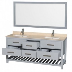 72 inch Double Bathroom Vanity in Gray, Ivory Marble Countertop, Undermount Square sinks, and 70 inch Mirror