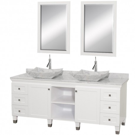 72 inch Double Bathroom Vanity in White, White Carrera Marble Countertop, Avalon White Carrera Marble Sinks, and 24 inch Mirror