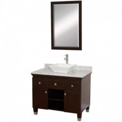 36 inch Single Bathroom Vanity in Espresso, White Carrera Marble Countertop, Pyra White Porcelain Sink, and 24 inch Mirror