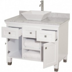 36 inch Single Bathroom Vanity in White, White Carrera Marble Countertop, Pyra White Porcelain Sink, and 24 inch Mirror