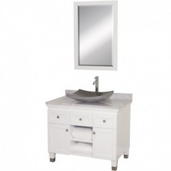 36 inch Single Bathroom Vanity in White, White Carrera Marble Countertop, Altair Black Granite Sink, and 24 inch Mirror